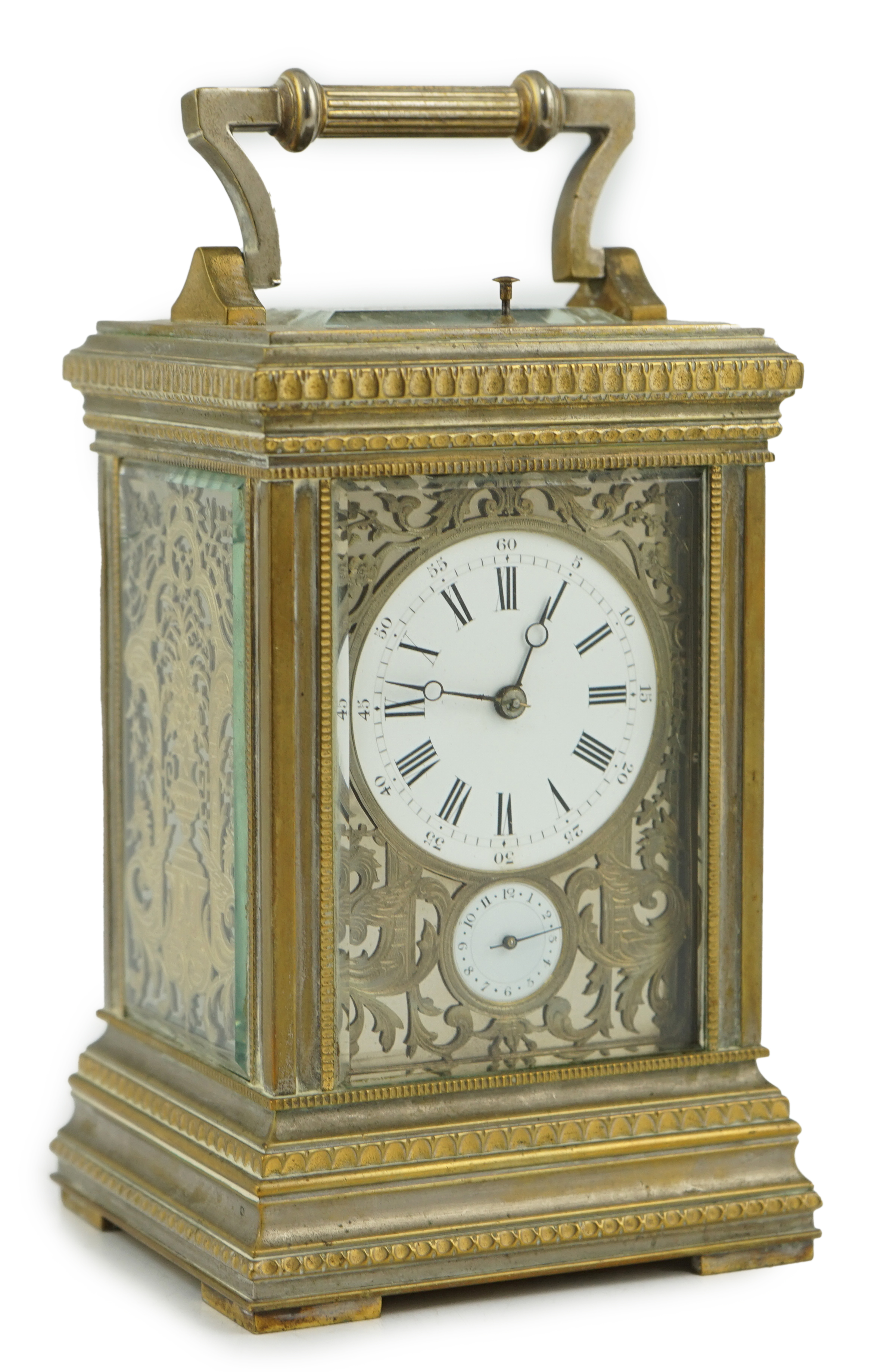 An early 20th century French silvered brass grand sonnerie alarum carriage clock